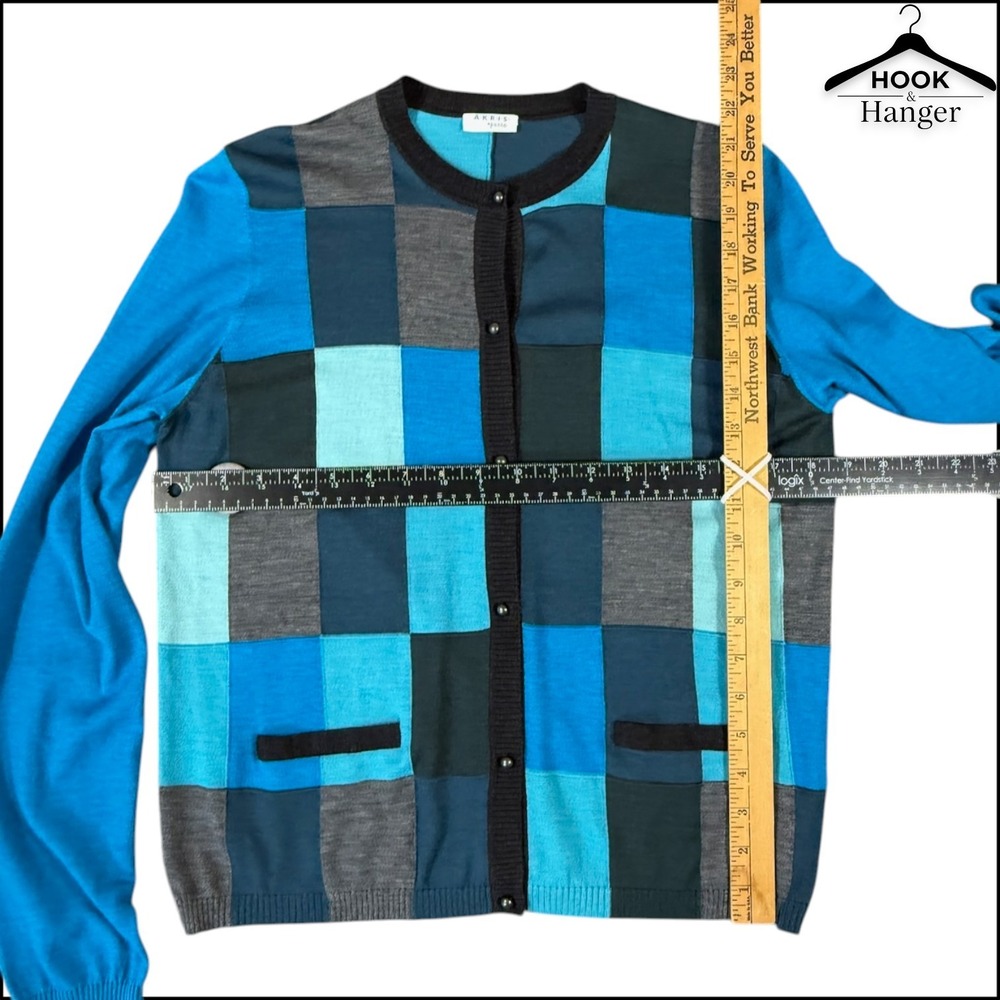 Akris Punto Luxury Patchwork Wool Cardigan 12 Teal Blue Gray Colorblock Sweater - Picture 9 of 9